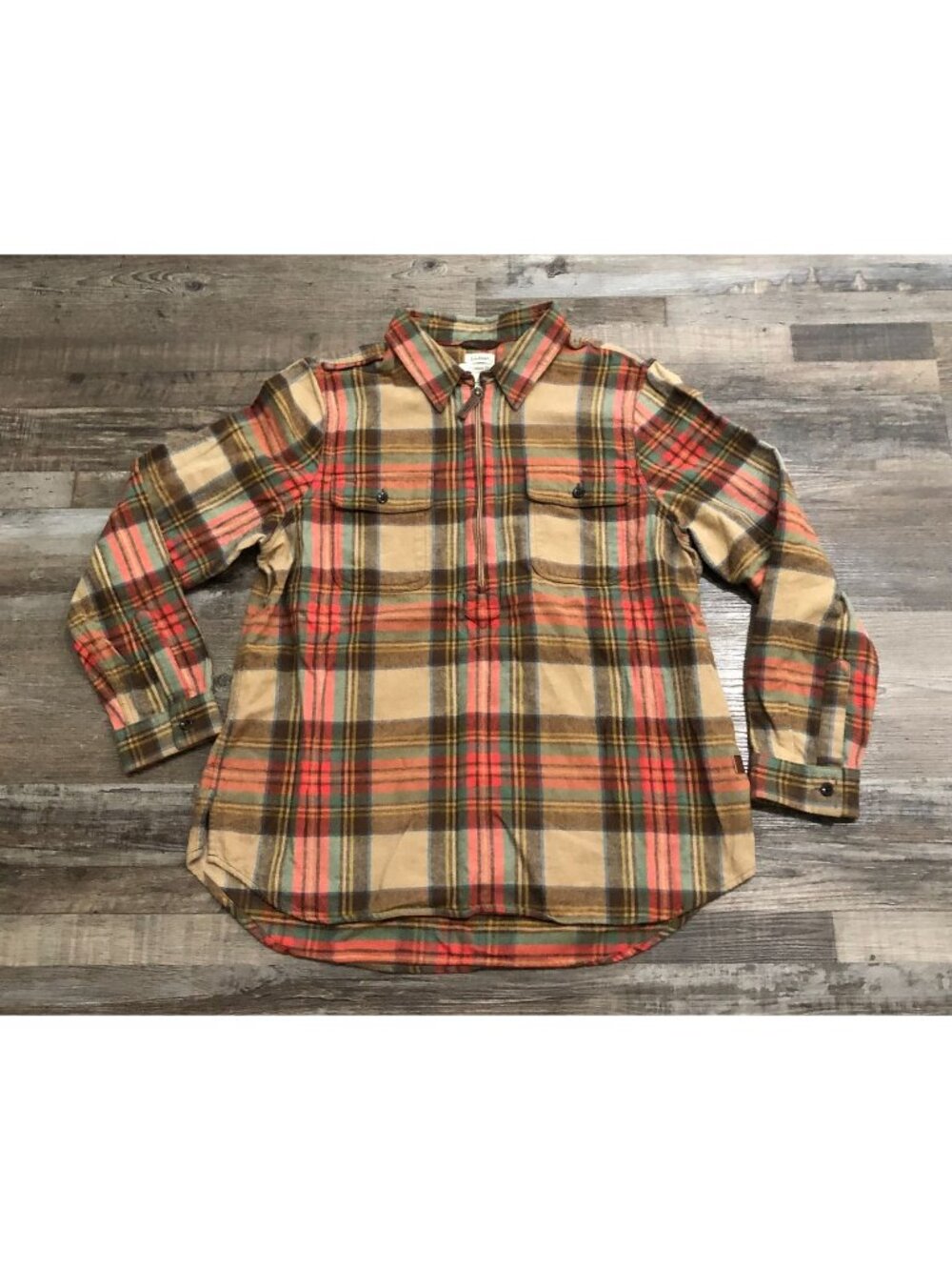 LL Bean Mens Large Relaxed Fit Scotch Plaid 1/4 Zip Shirt Brown Red Cotton
